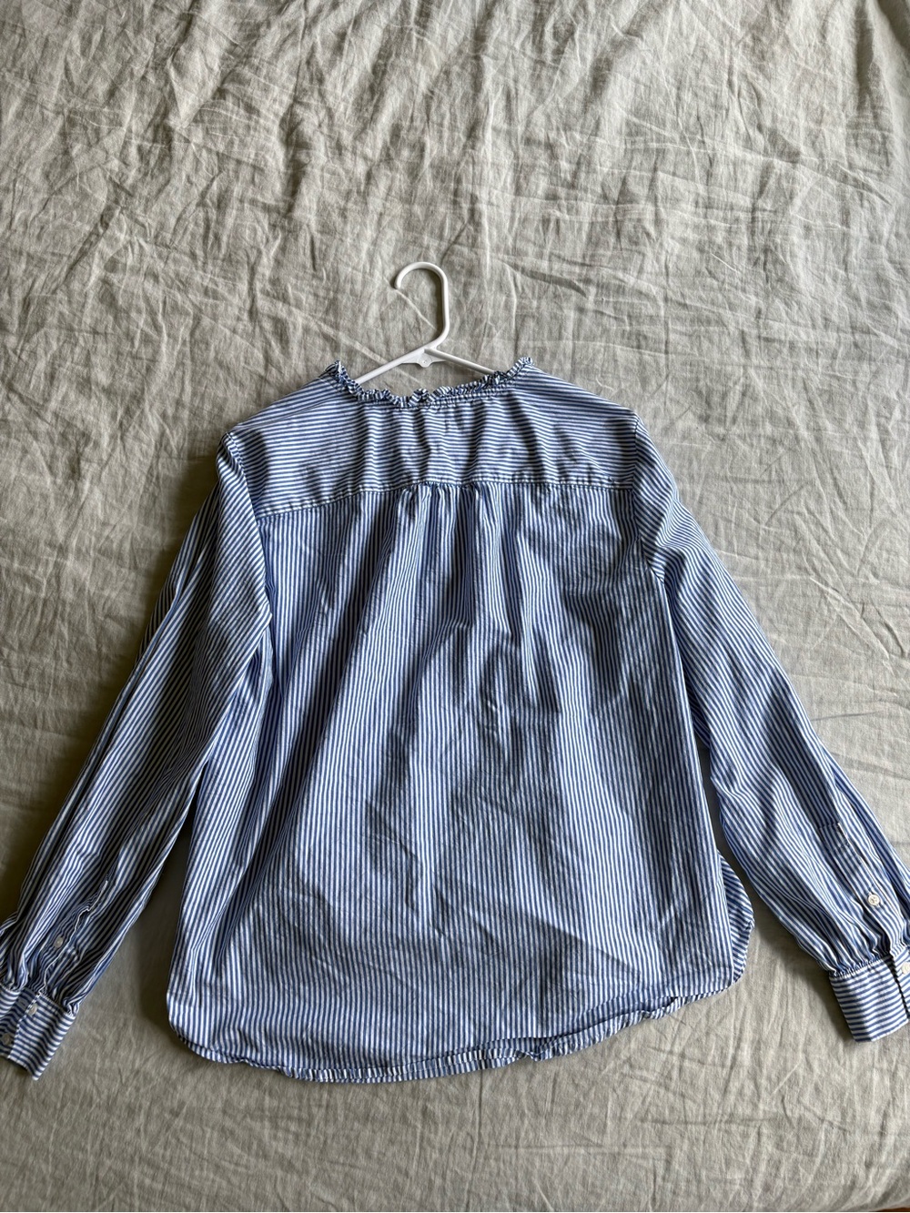 J. Crew Blue and White Striped Ruffle-Trim Blouse - Picture 4 of 5